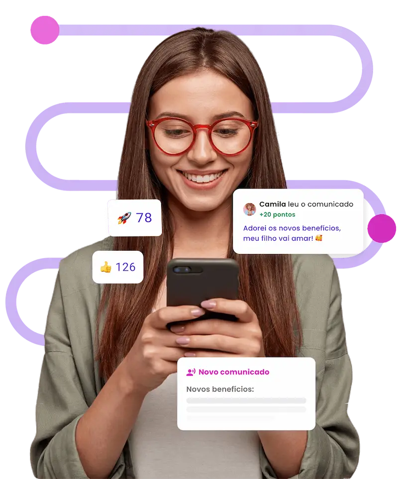 Mulher usando a plataforma de Comunicação Interna da Comunitive, com notificações e recursos visuais de engajamento