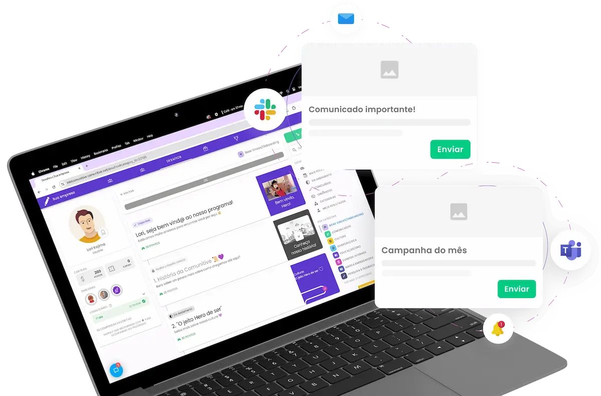 Plataforma Comunitive com integrações de ferramentas como Slack e Microsoft Teams.
