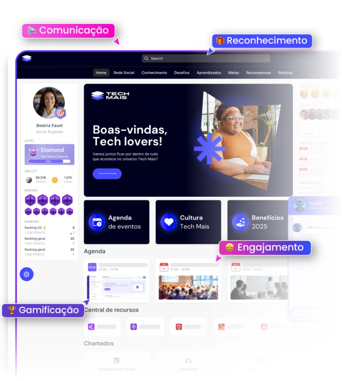 Plataforma da Comunitive em versão desktop. Imagem da tela inicial de Intranet.